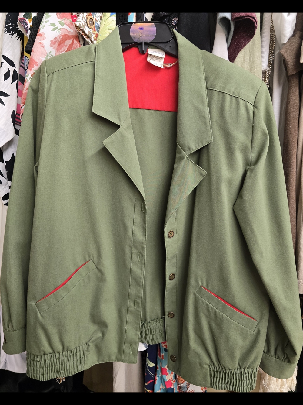 Olive Green Women's Blazer Jacket with Red Trim